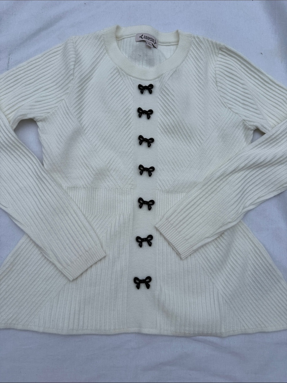 Nanette Lepore Cream Ribbed Knit Cardigan with Black Bow Buttons